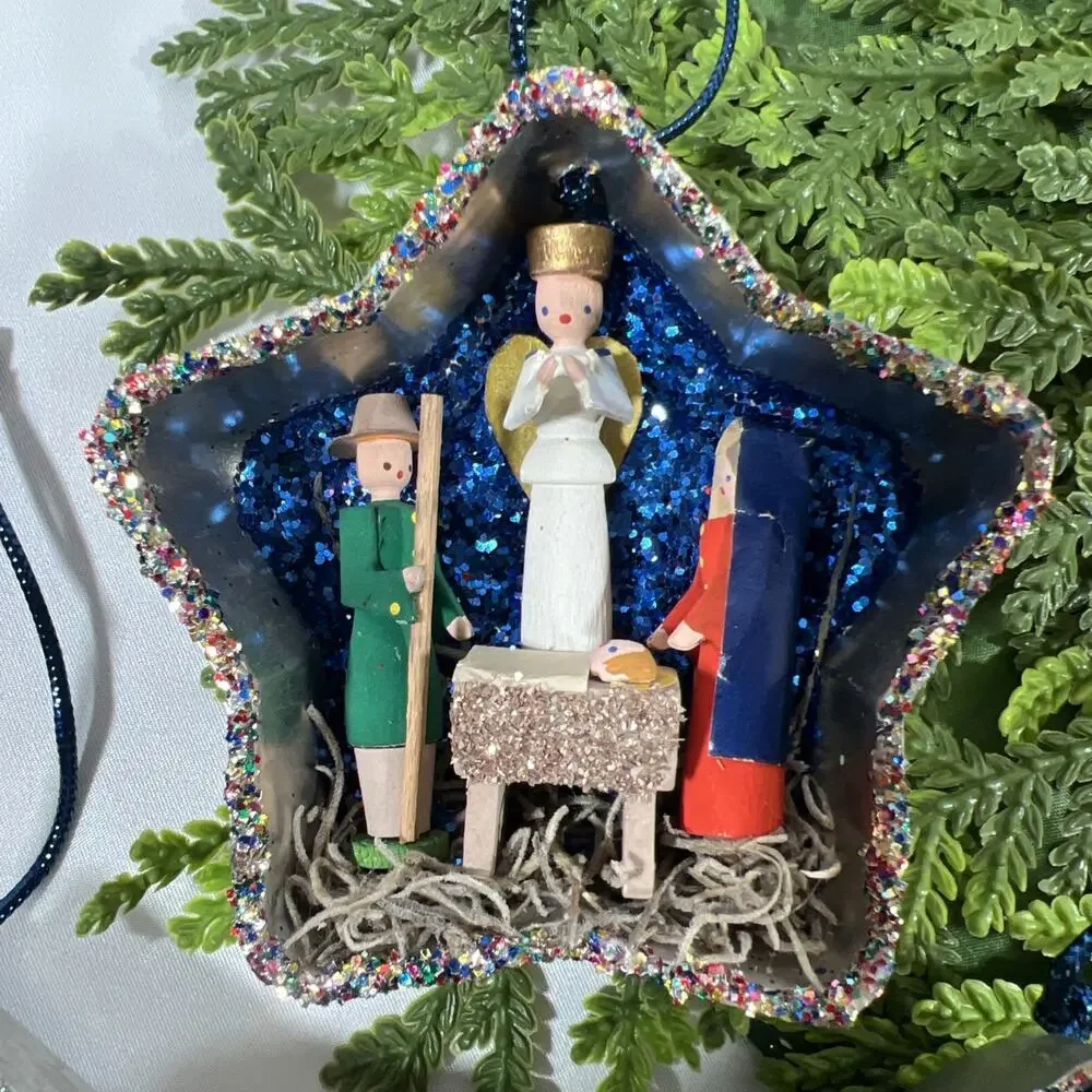 Handmade Vintage Star Tart Tins Nativity Trio Set of 3 Ornaments Glitter Diorama